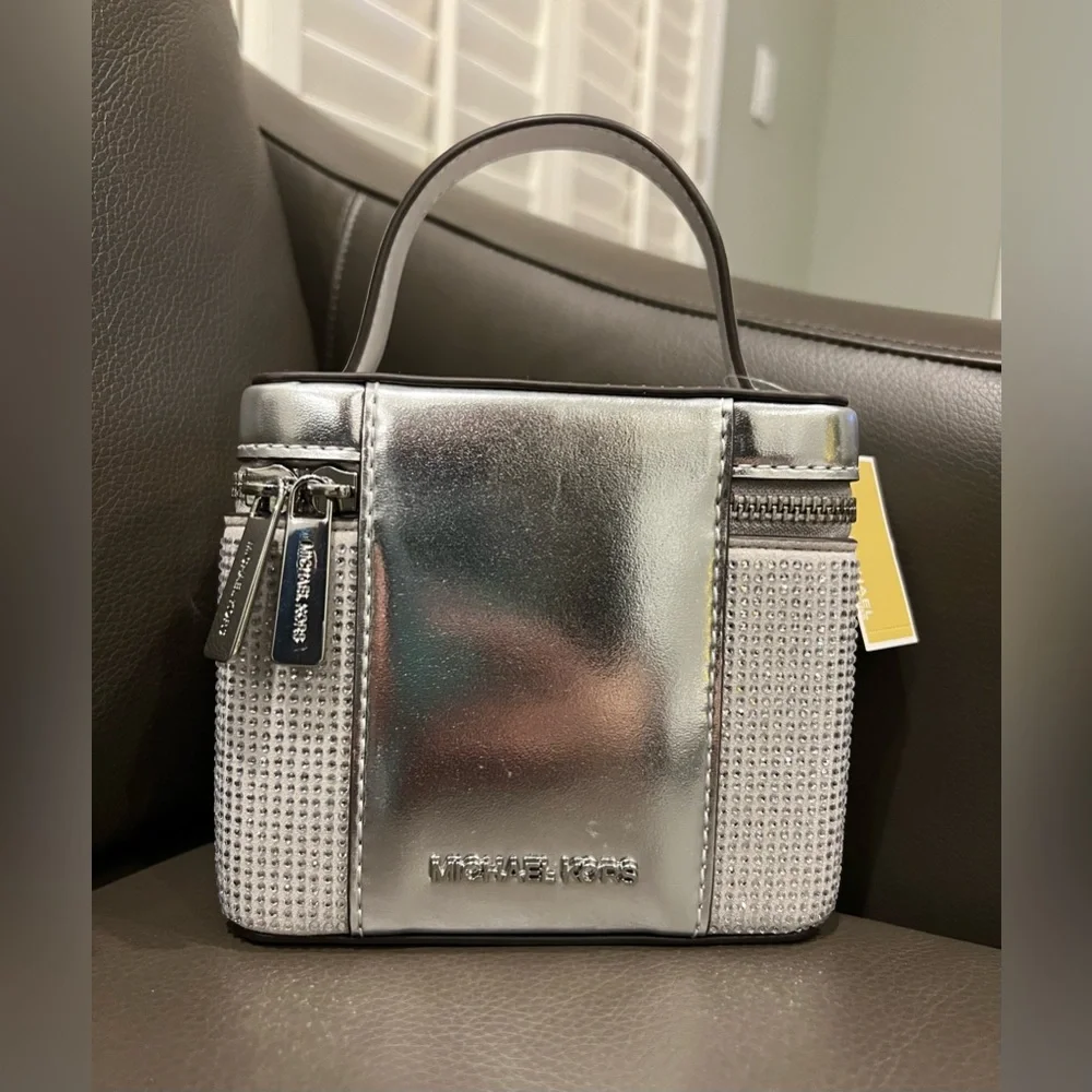 Michael Kors‎ Sandrine Glitter Embellished Small Box Crossbody Bag (Silver) NWT